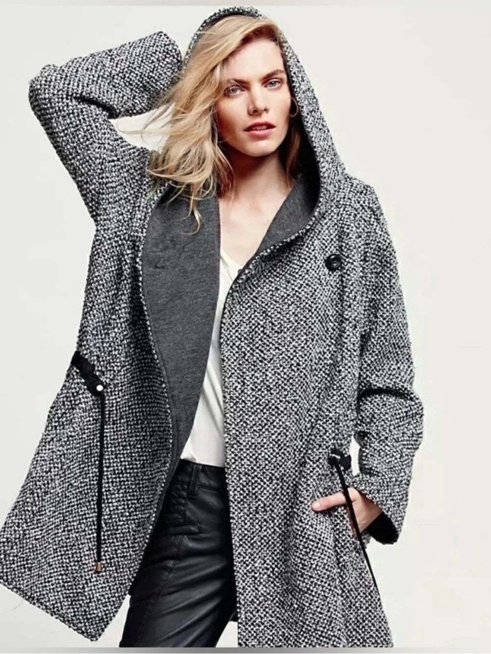 Free People Satellite Swing Women's Hooded Tweed Coat Size Small oversized boho